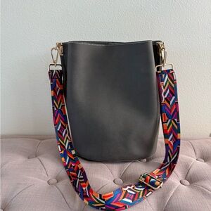 Stylish Gray Bucket Bag with Colorful Guitar Strap
